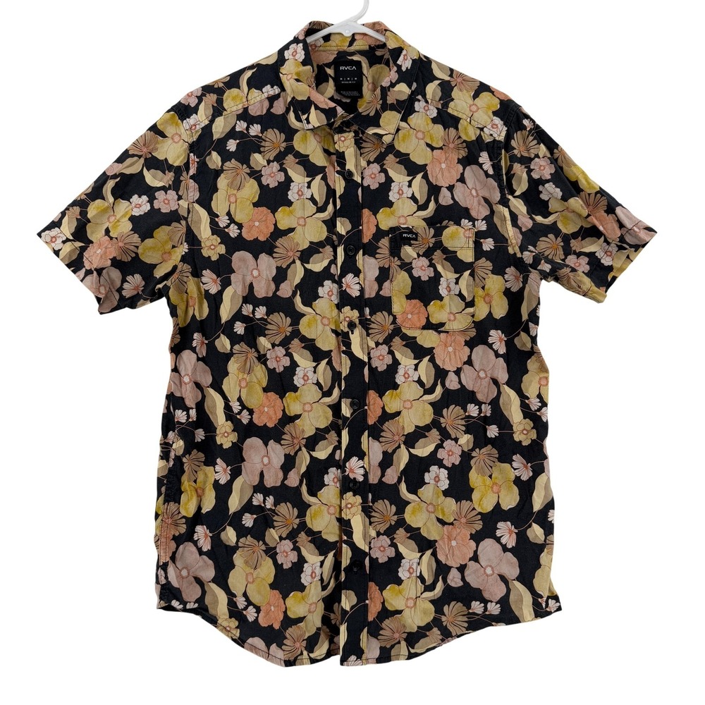 RVCA Shirt Mens Medium Black Floral Short Sleeve Button Up Tropical Casual
